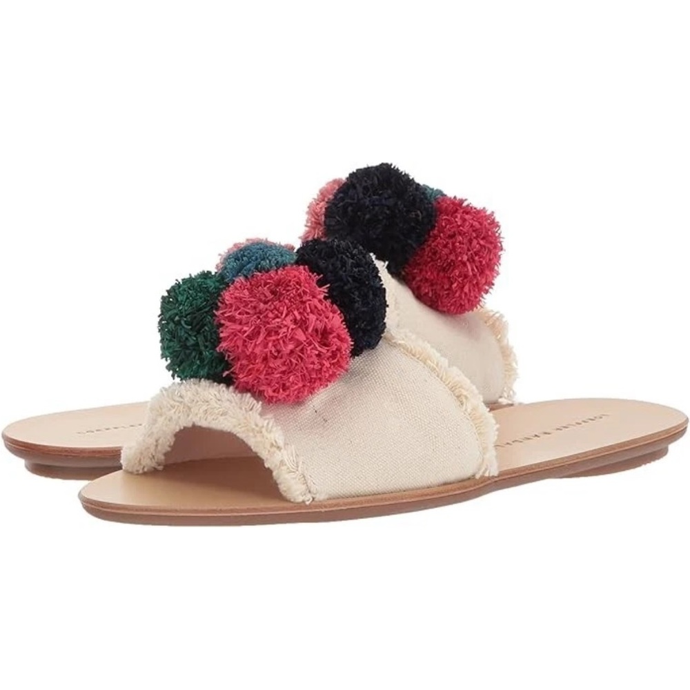LOEFFLER RANDALL Women's Gabi Canvas Leather Pom Pom Flat Beige Slide Sandal 6 - Picture 7 of 9